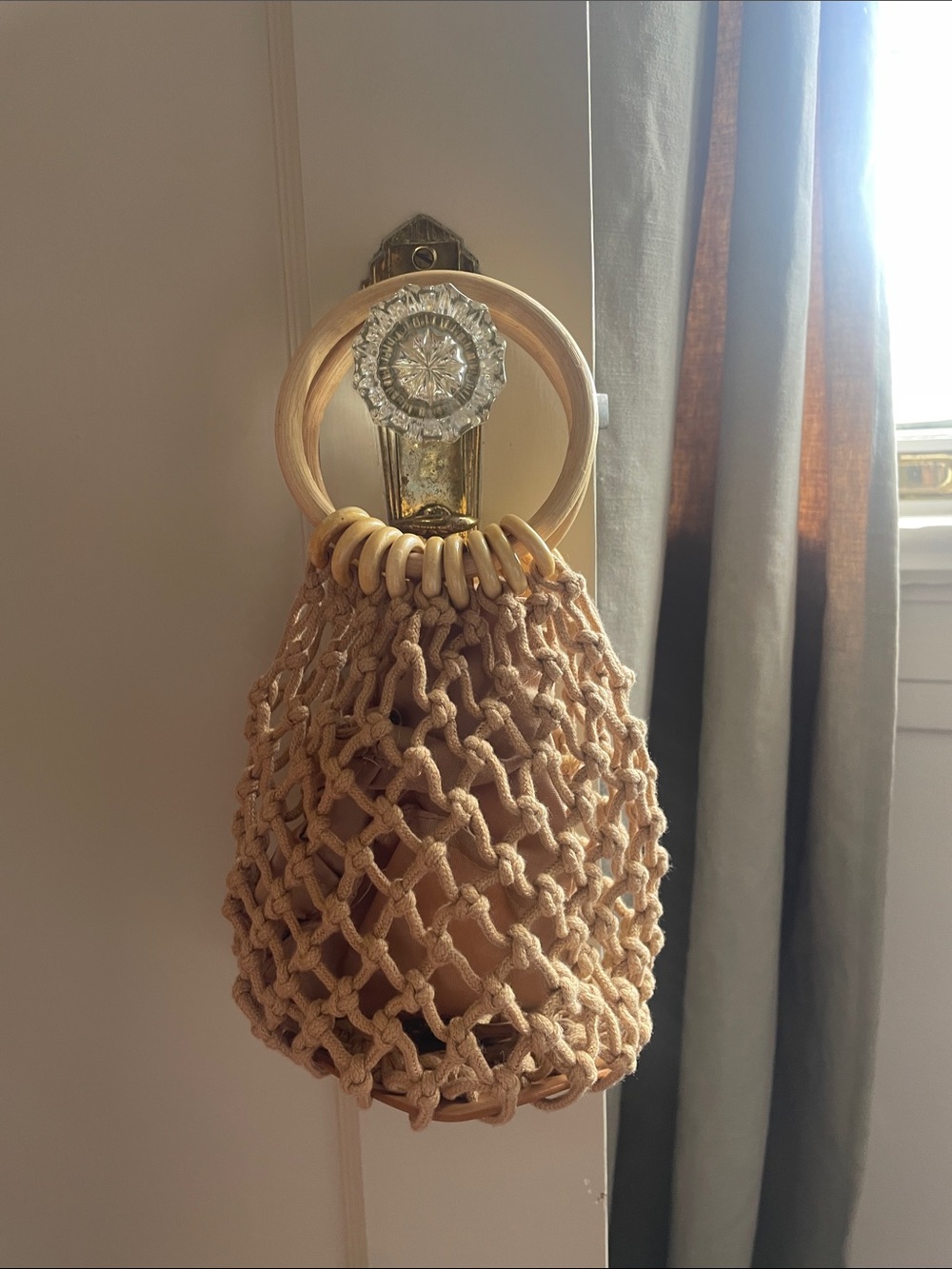 Beige Macramé Bucket Bag with Wooden Ring Handles